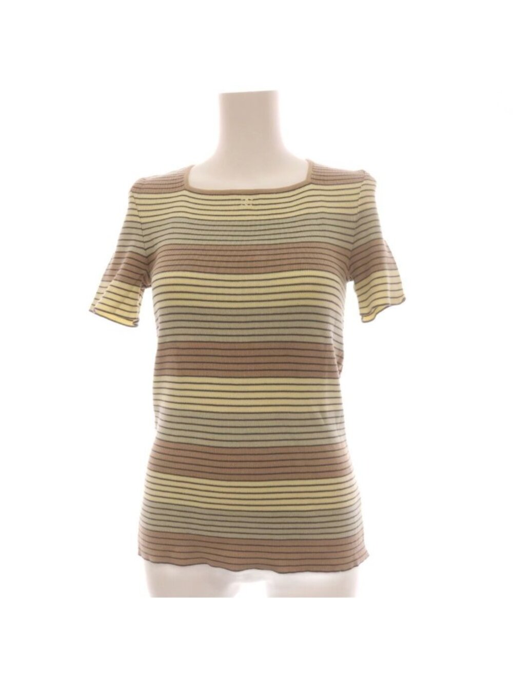 Chanel 98P Knit Top Border Short Sleeve CC Logo Beige Brown Green Sweater 40